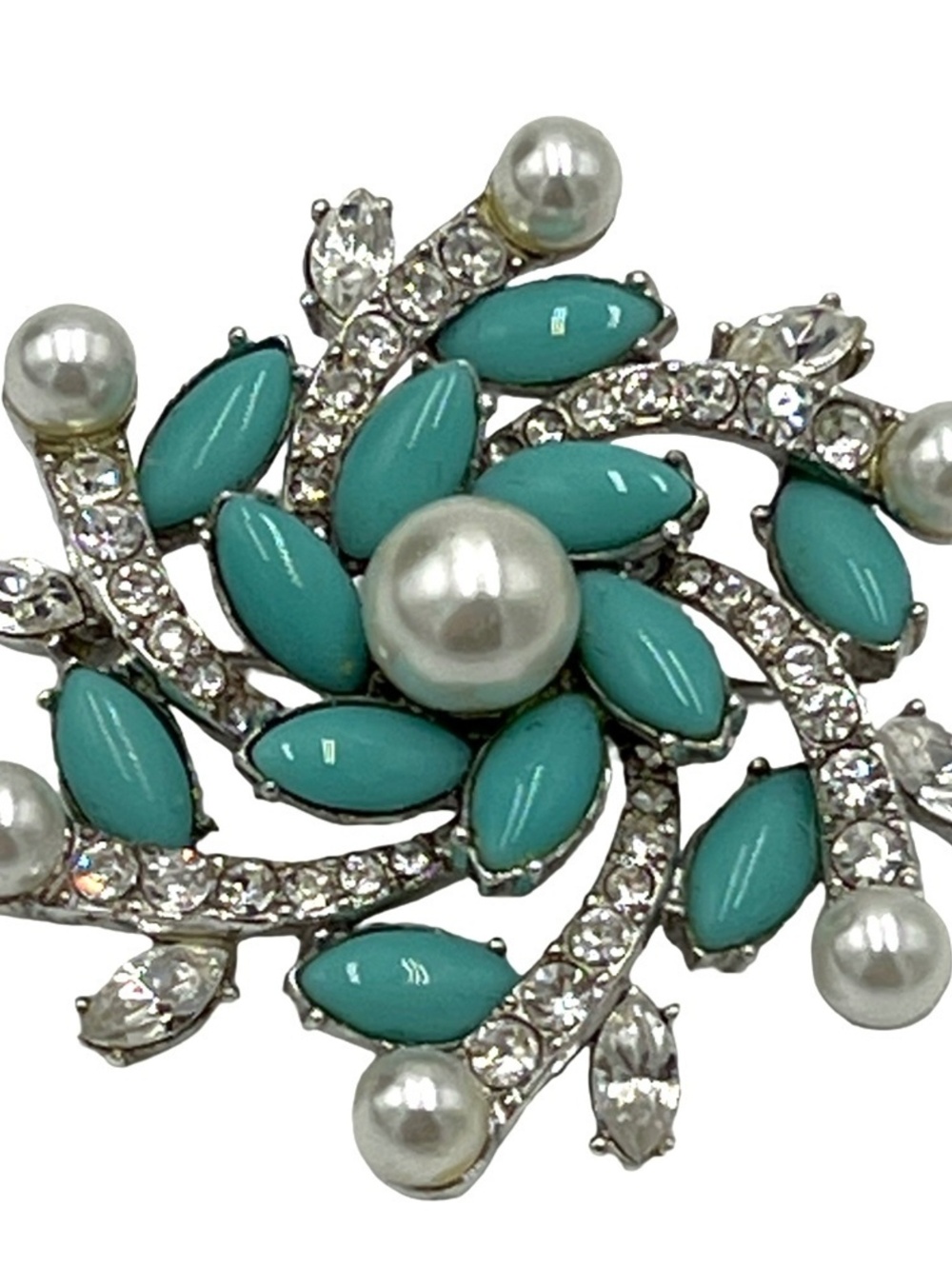 Vintage Brooch Swirl/Floral Faux Pearl/Turquoise Silvertone